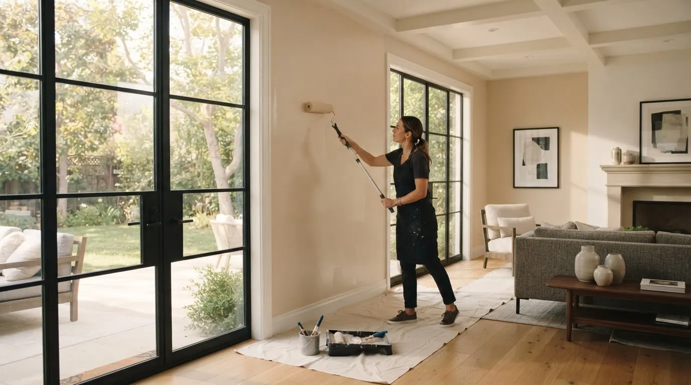 A professional painter carefully rolling a fresh coat of paint across a bright living room wall