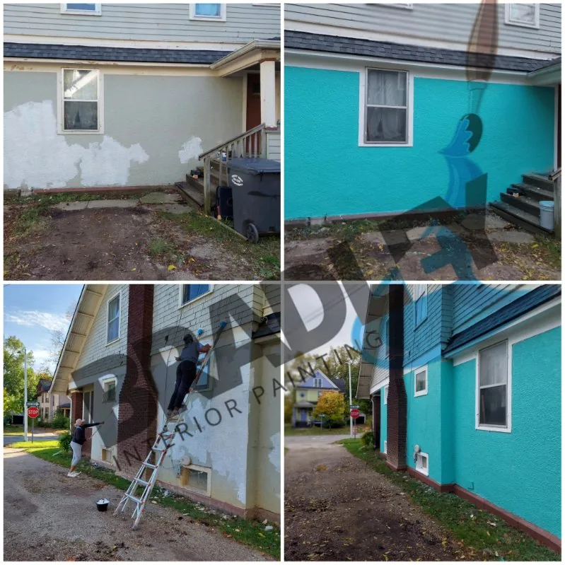 Four photos of a house exterior, shown with patched and primed siding and again painted teal